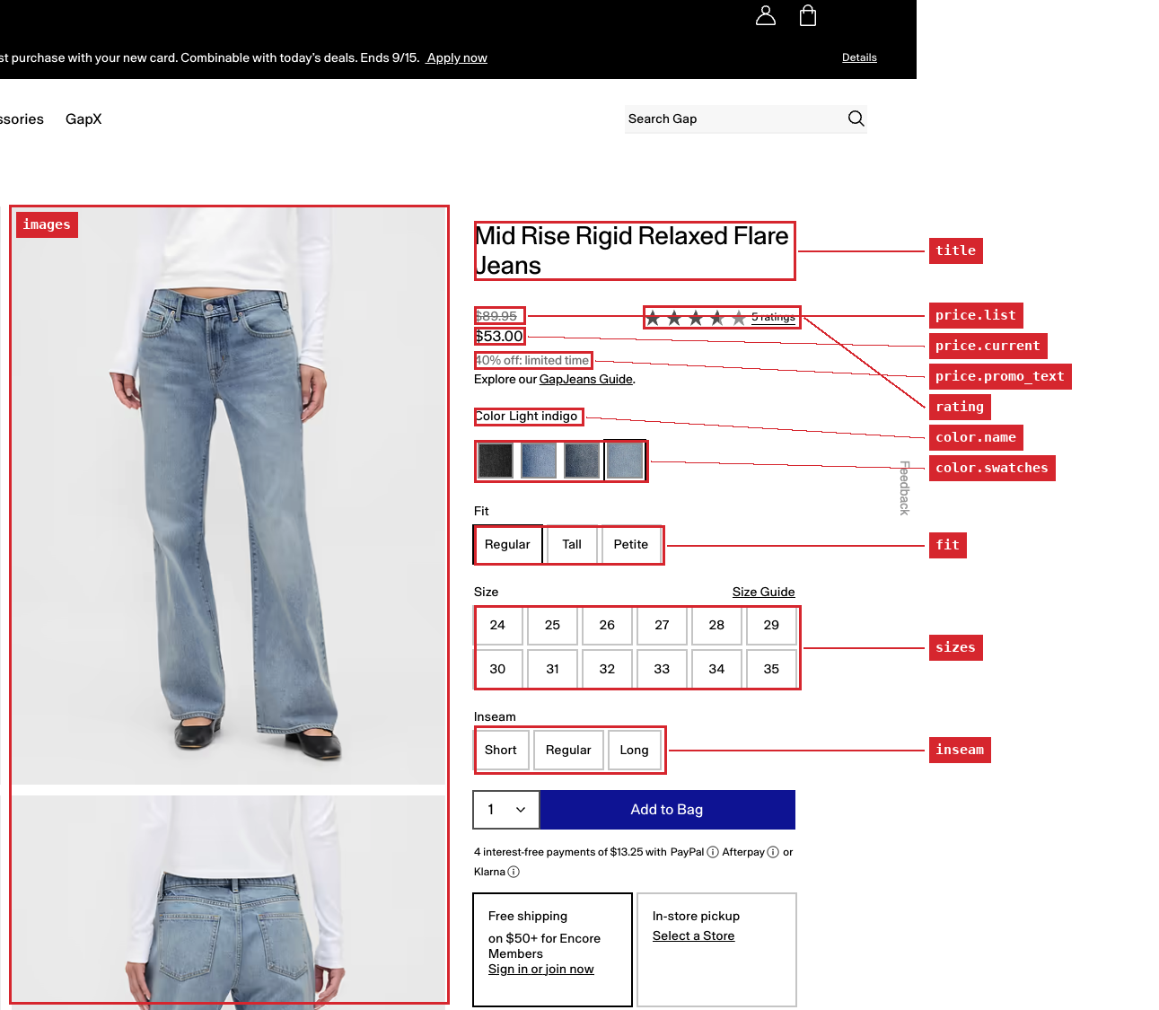 Gap.com product page for Mid Rise Rigid Relaxed Flare Jeans showing the fields JsonEngine extracts: price, list price, promotion text, colour swatches, fit, size run and inseam